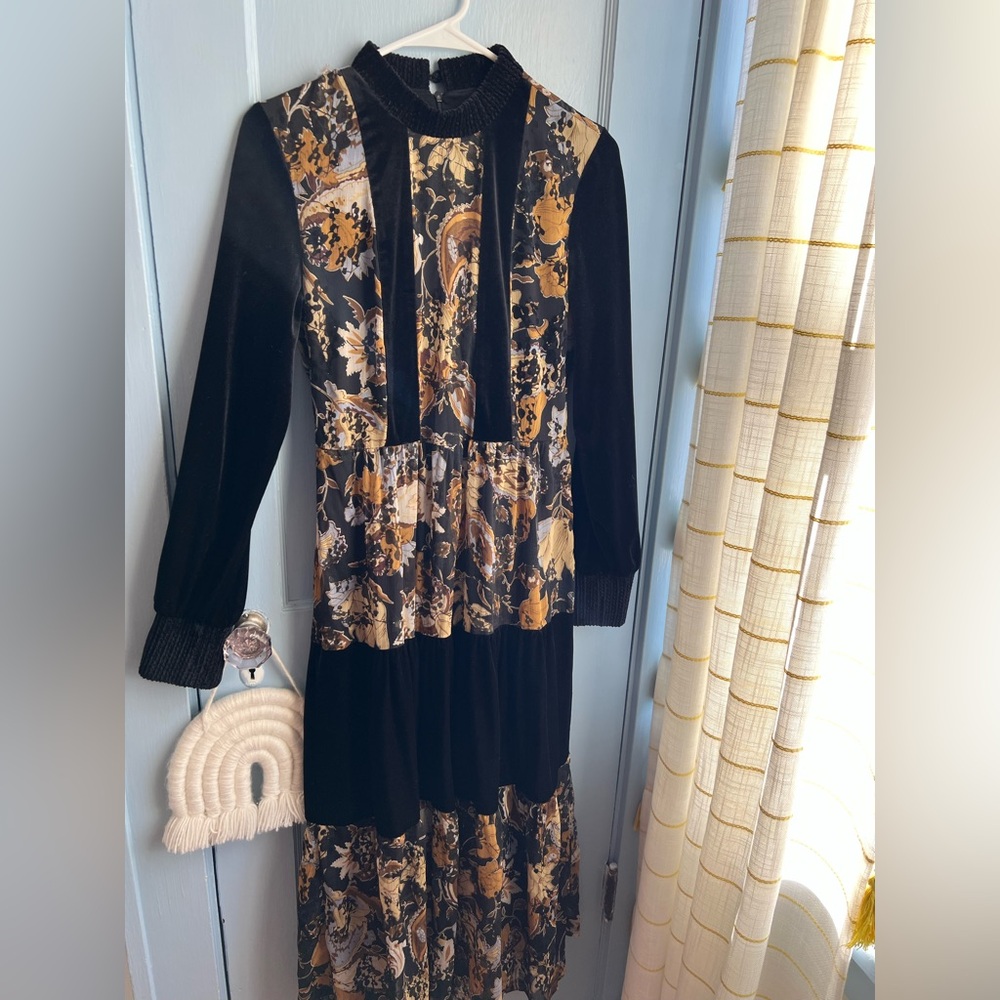 Velvet Black and Gold Floral Maxi Dress